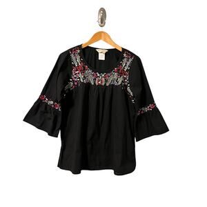 Norm Thompson Embroidered Top Size M Cotton Floral Boho Flutter Sleeve
